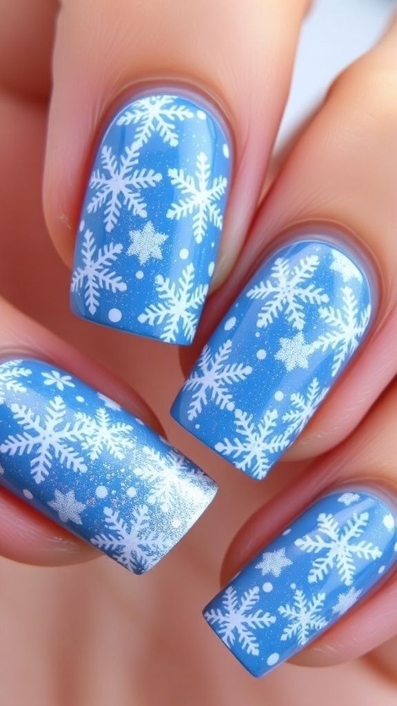 Winter-themed Christmas nail art with icy blue and white snowflakes.